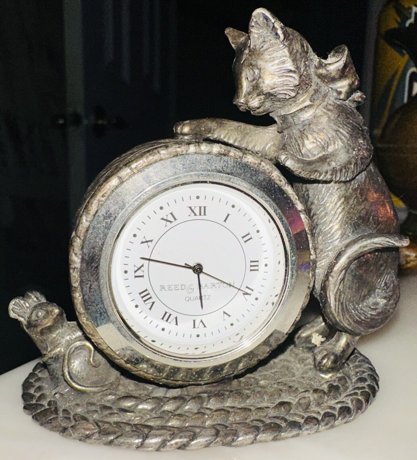 Reed & Barton The 1824 Collection  CAT & Mouse Clock Vintage 2002 Silver