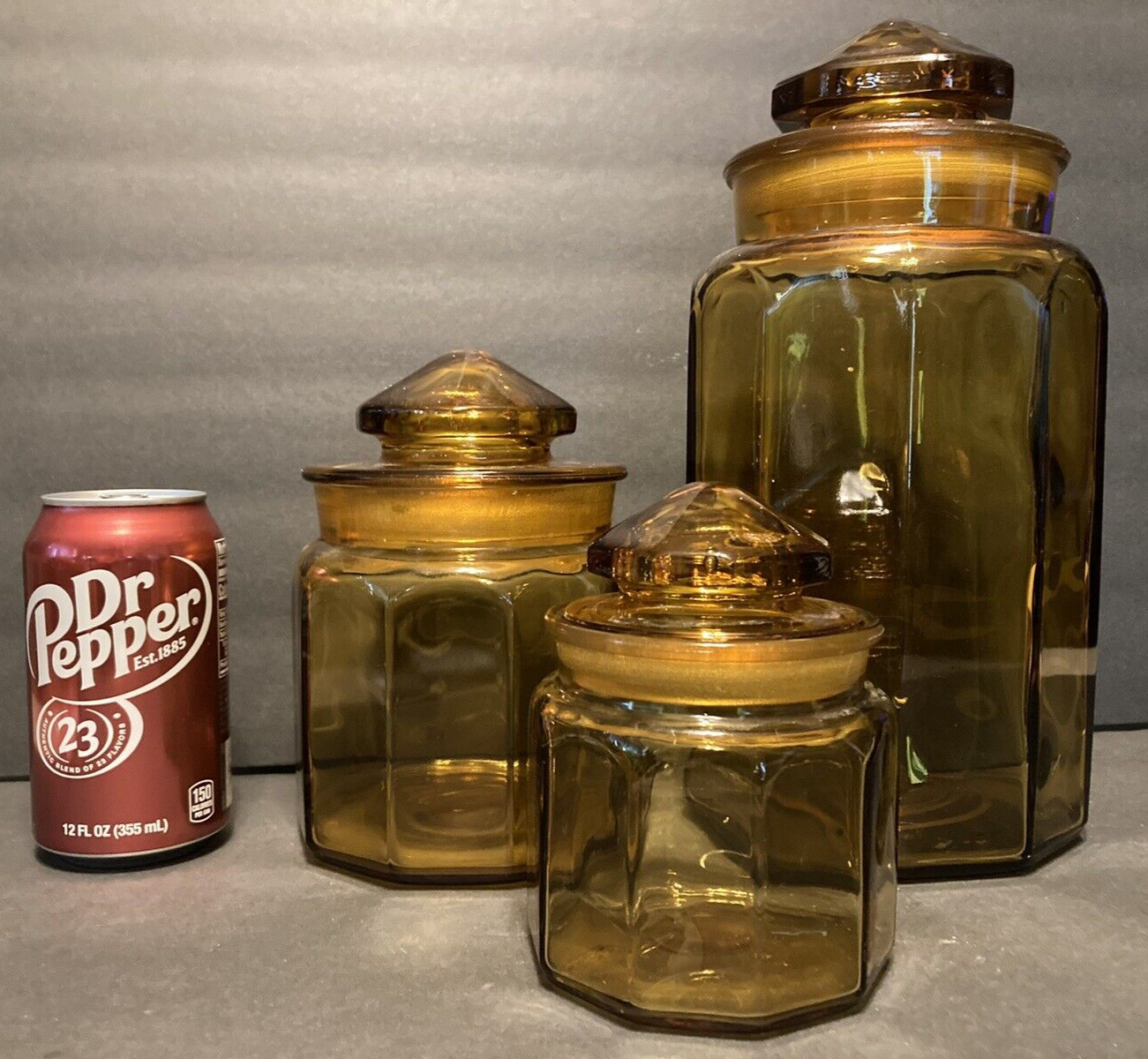 Vintage L. E. Smith Heavy Amber Panel Canisters Storage Set of 3