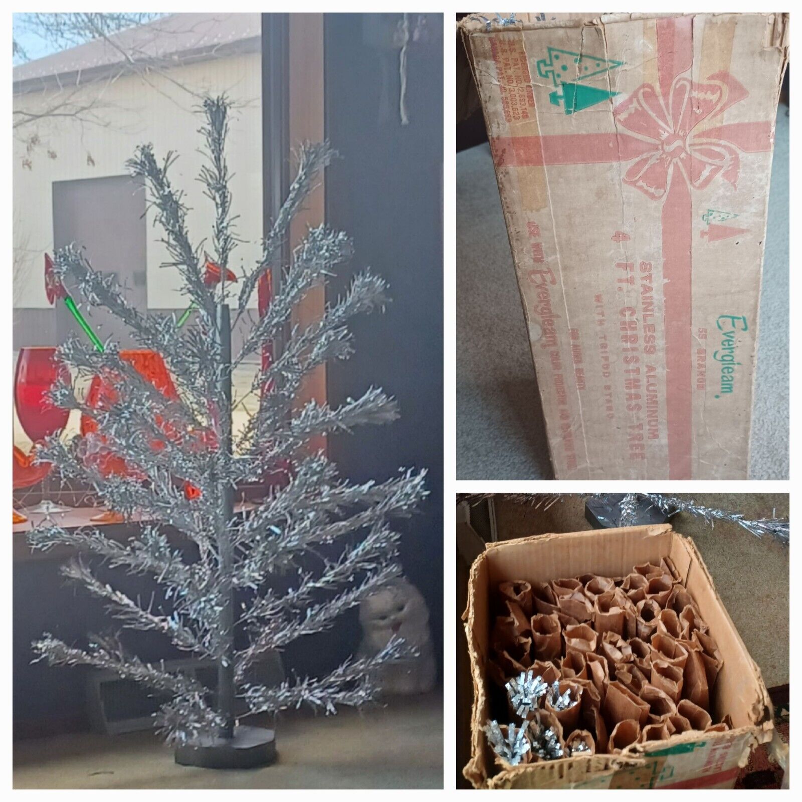 4\' Evergleam Aluminum Christmas tree 55 Branch w/ Box & Handmade Base