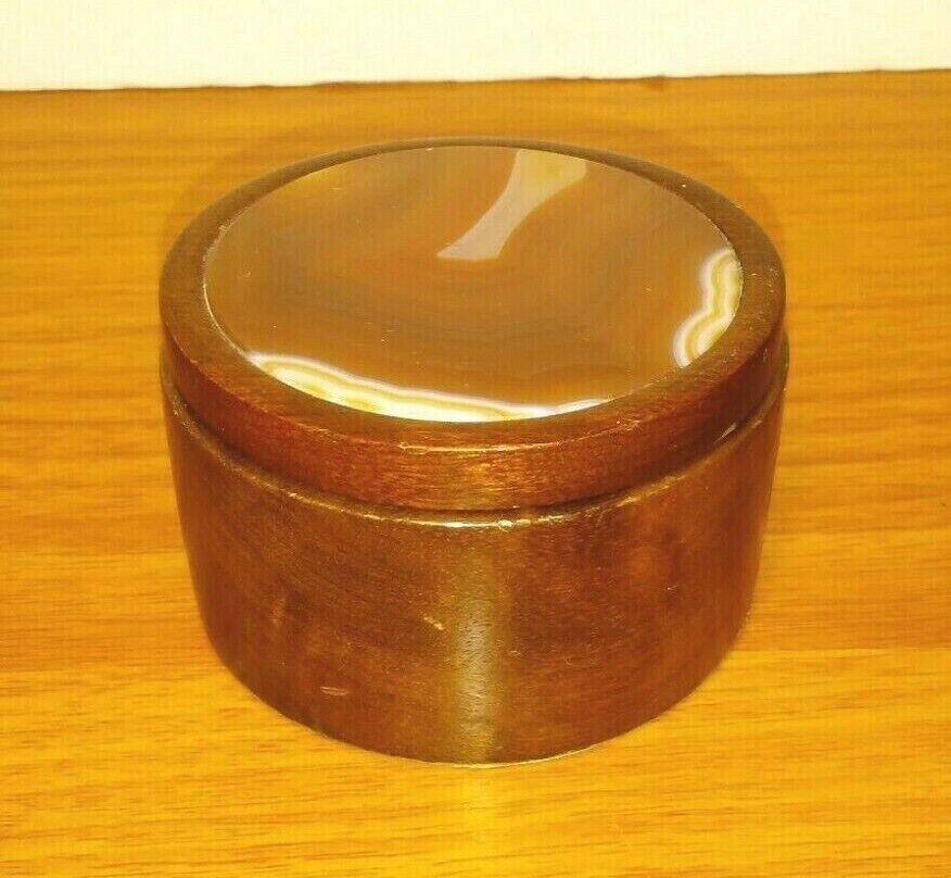 Round Wood Trinket Box with Agate Lid Vintage