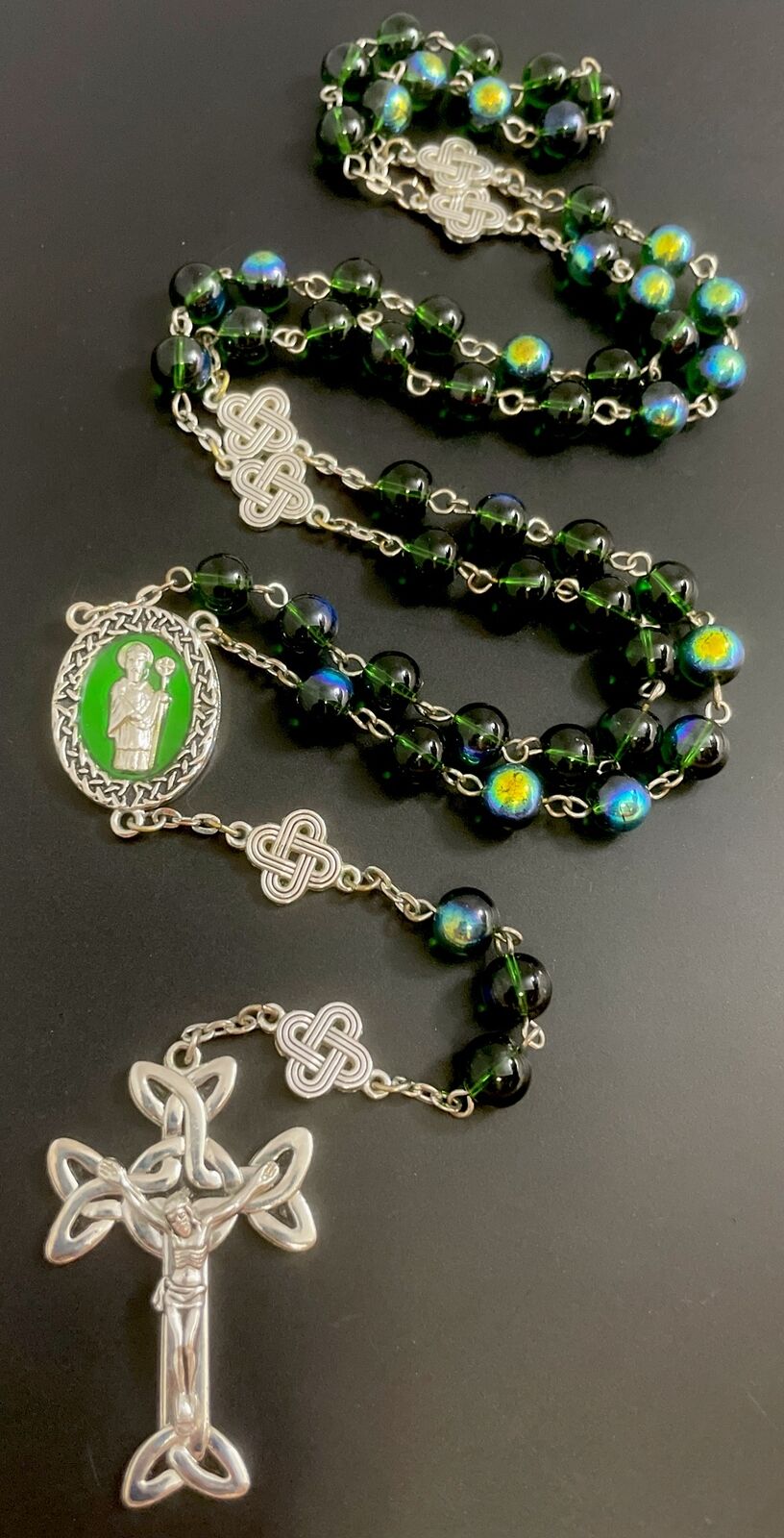 Catholic Green Oil Slick Glass St Patrick Rosary,Enamel Ctr Celtic Knot Crucifix