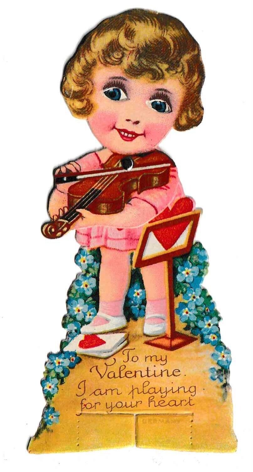 Antique Victorian Germany Mechanical Girl Playing Violin Valentine\'s Day Card