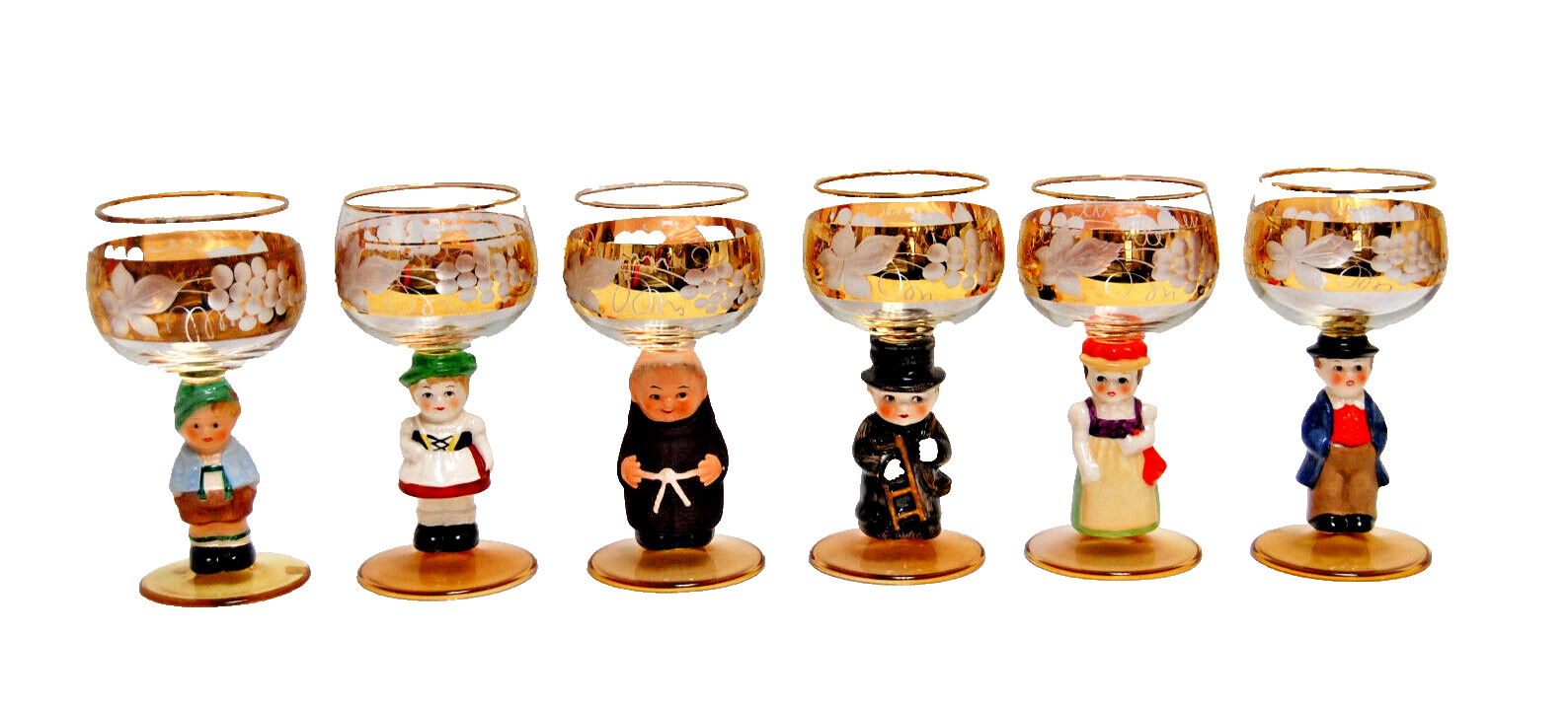 Goebel Hummel Figurine Stem Wine Glasses 14K Gold Trim Germany  Lot of 6  M5126