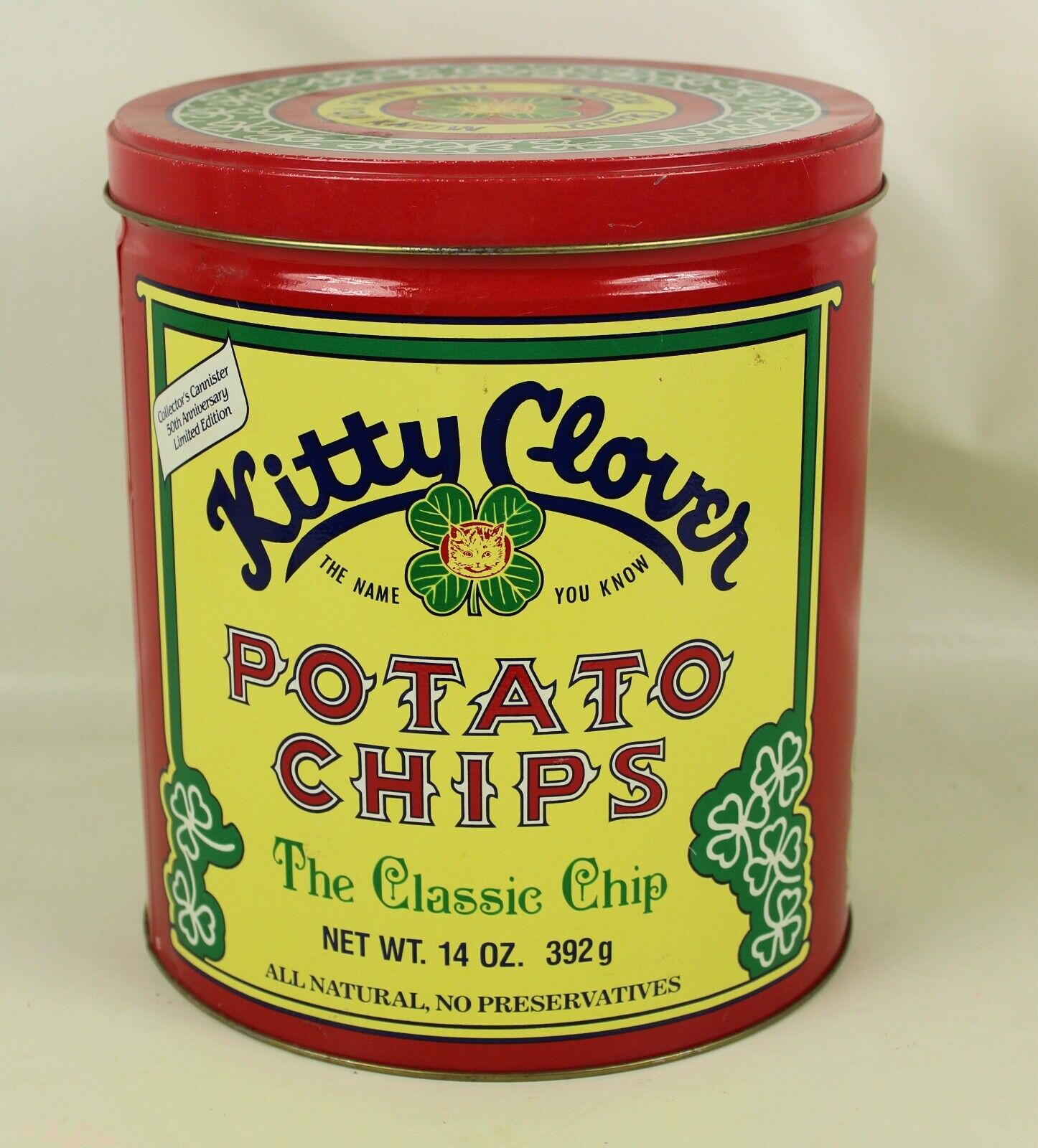 Vintage KITTY CLOVER Potato CHIP Covered STORAGE Tin CAN Made in the U.S.A.