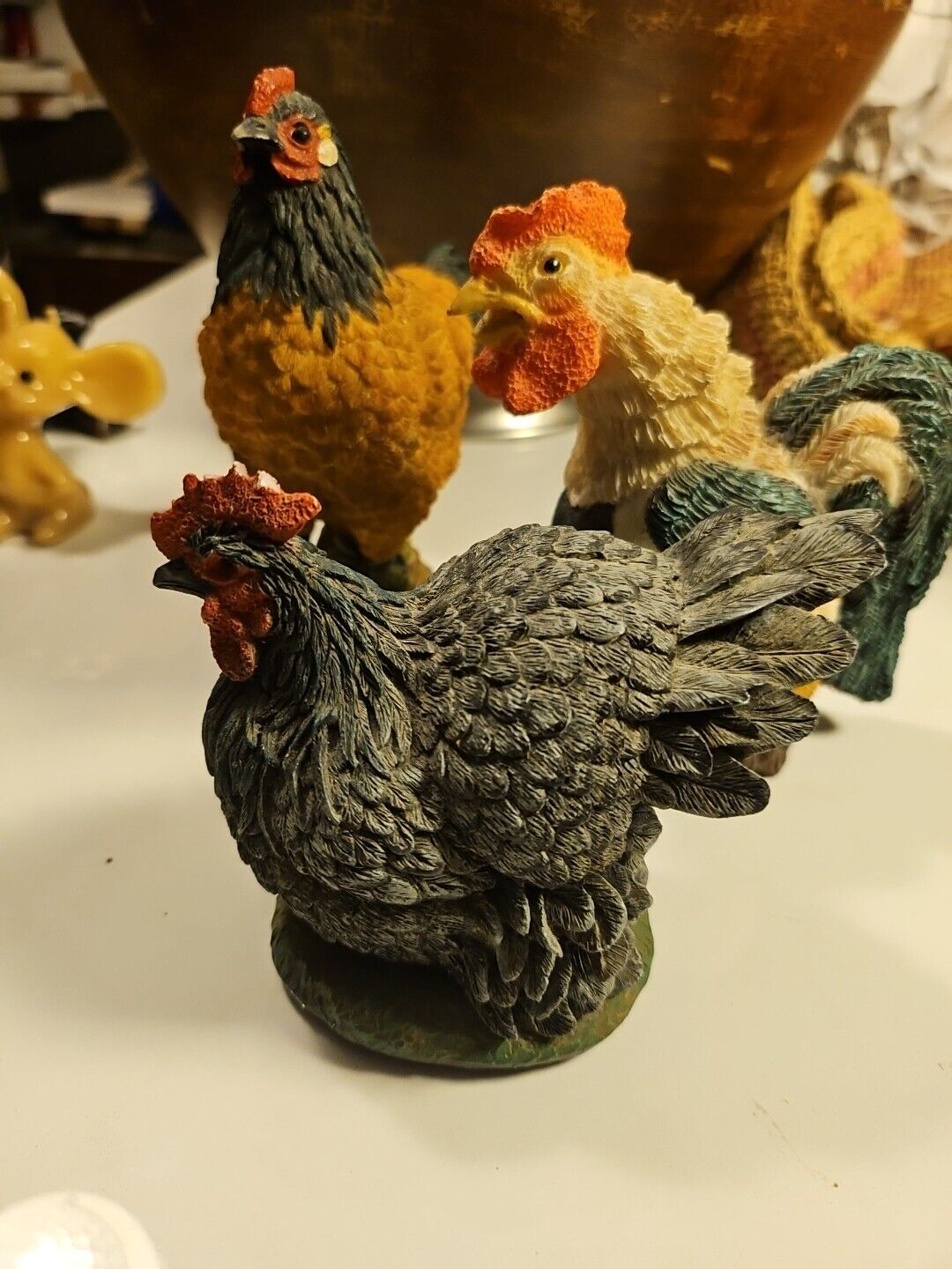 vintage country decor lot 3 Medium Figurines rooster Hen Chicken Farm Resin