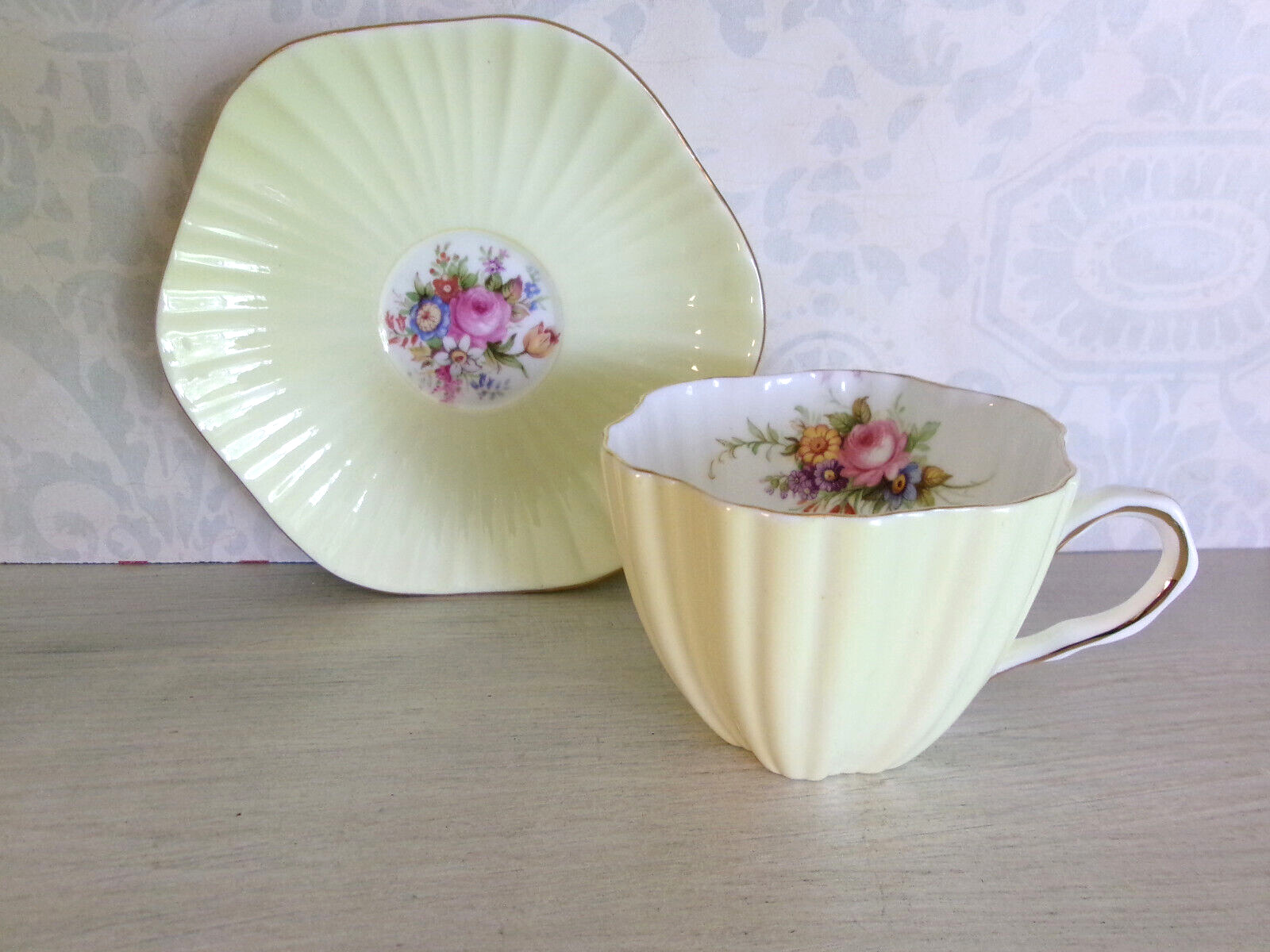 EB FOLEY Pale Yellow Cup & Saucer Flower Pattern Bone China England #1850 Teacup