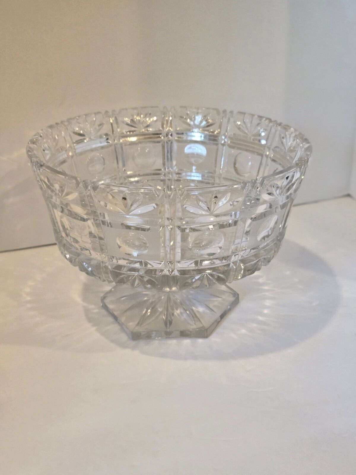 Clear Glass Crystal Compote Etched Glass with flowers and shapes