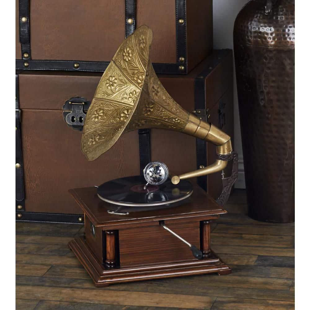 Litton Lane Wood Functional Vintage Gramophone W/ Record Copper Square Varnished