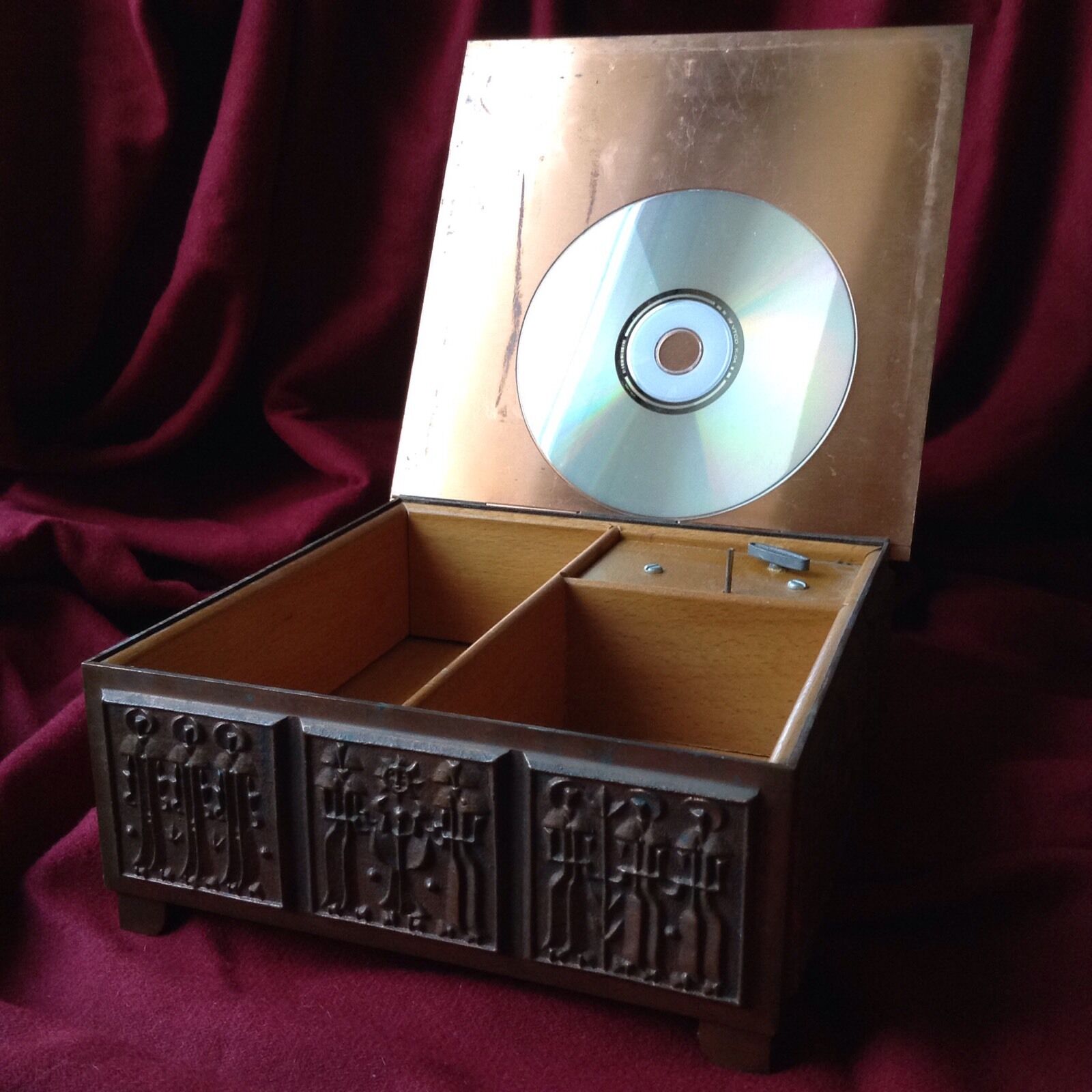 Antique Hungary Bronze Art Deco Modern Music Box Wood Jewelry Child Sun Tevan XF