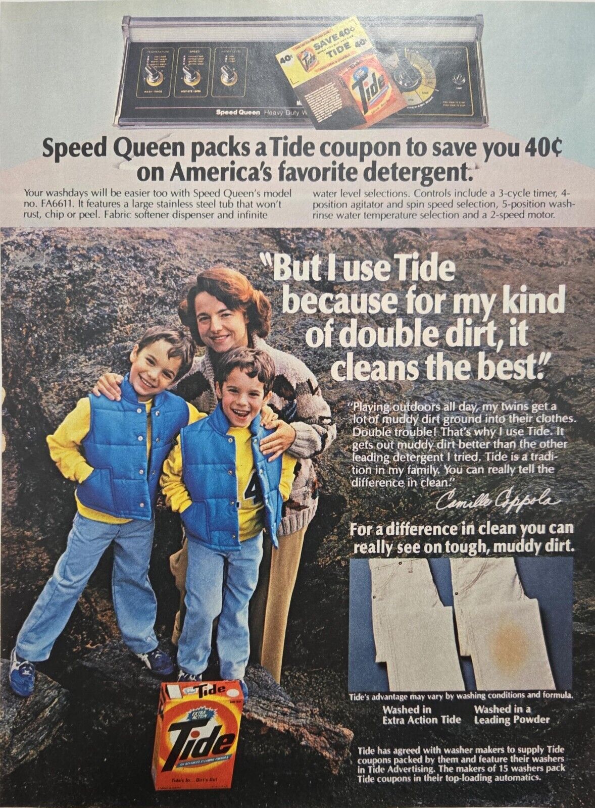 1980 Vintage print ad - TIDE Laundry soap -Speed Queen- COPPOLA boys family 