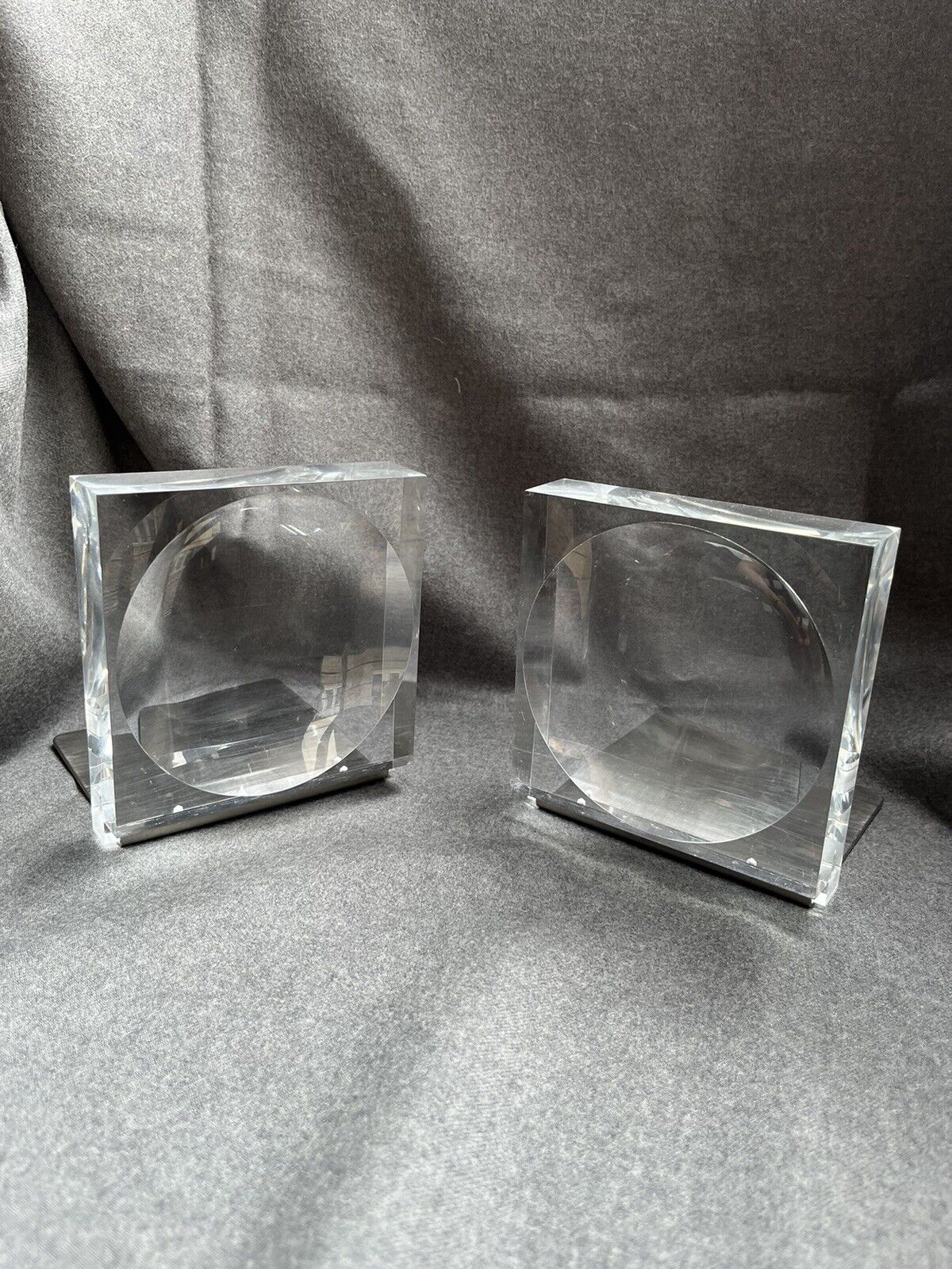 Vintage Mid Century Modernist Lucite Bookends Metal And Lens 