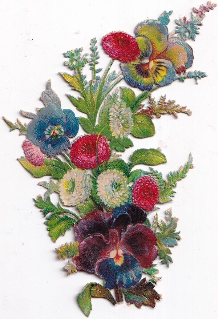 1800\'s Victorian Die Cut Scrap -Colorful Pansies & other Flowers -3.5 inches
