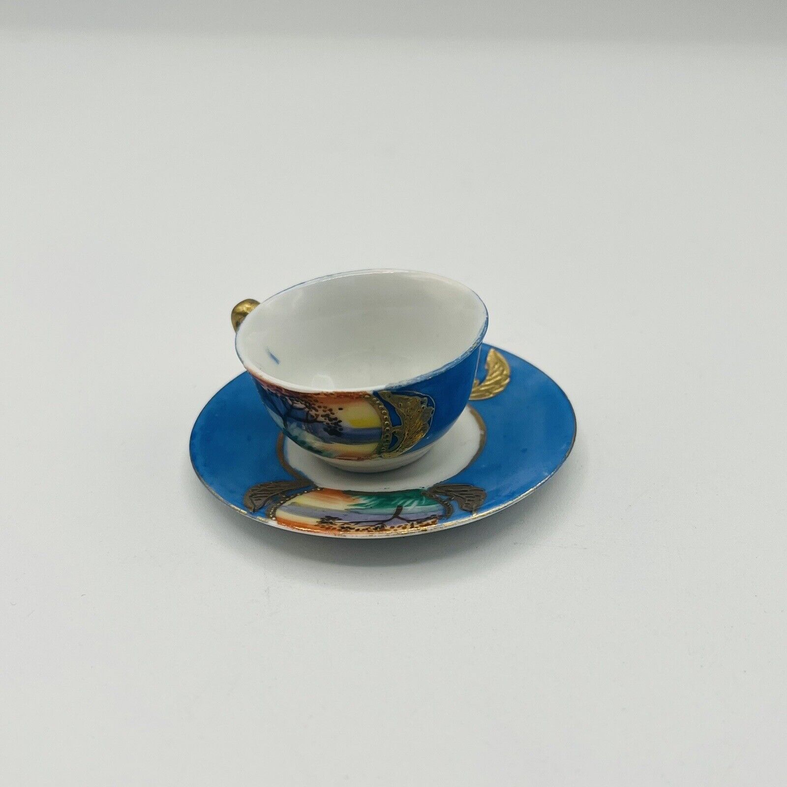 Vintage Miniature Japanese Handpainted Landscape Teacup And Saucer Set 