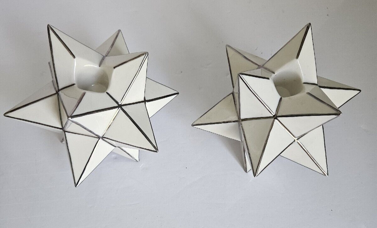 Vintage Set of 2 Lefton Geo Z Ceramic 12 Point Star Candle Holders