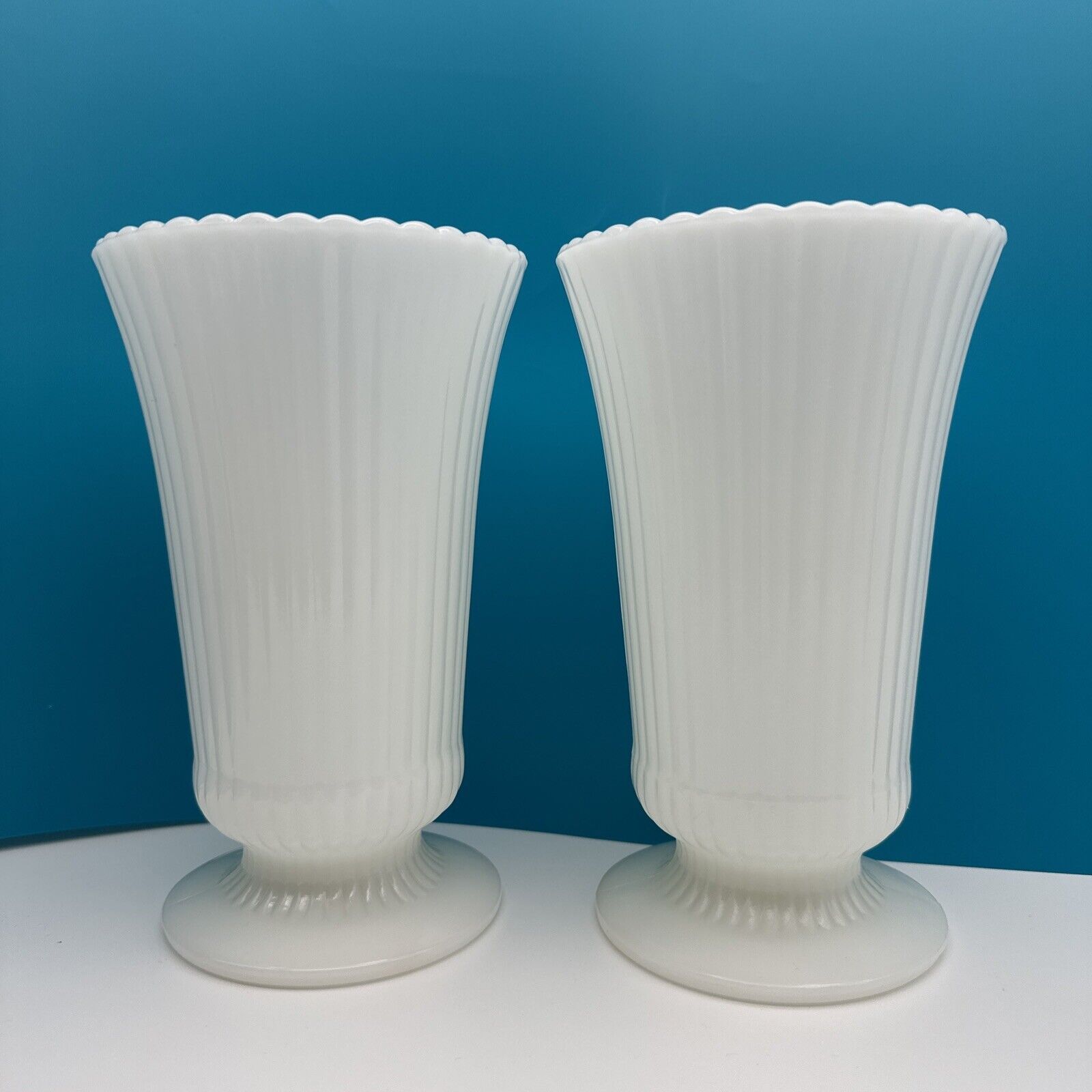 Pair of  MCM MILK GLASS Vintage E. O. BRODY CO Ribbed Footed 7 3/4 Inches