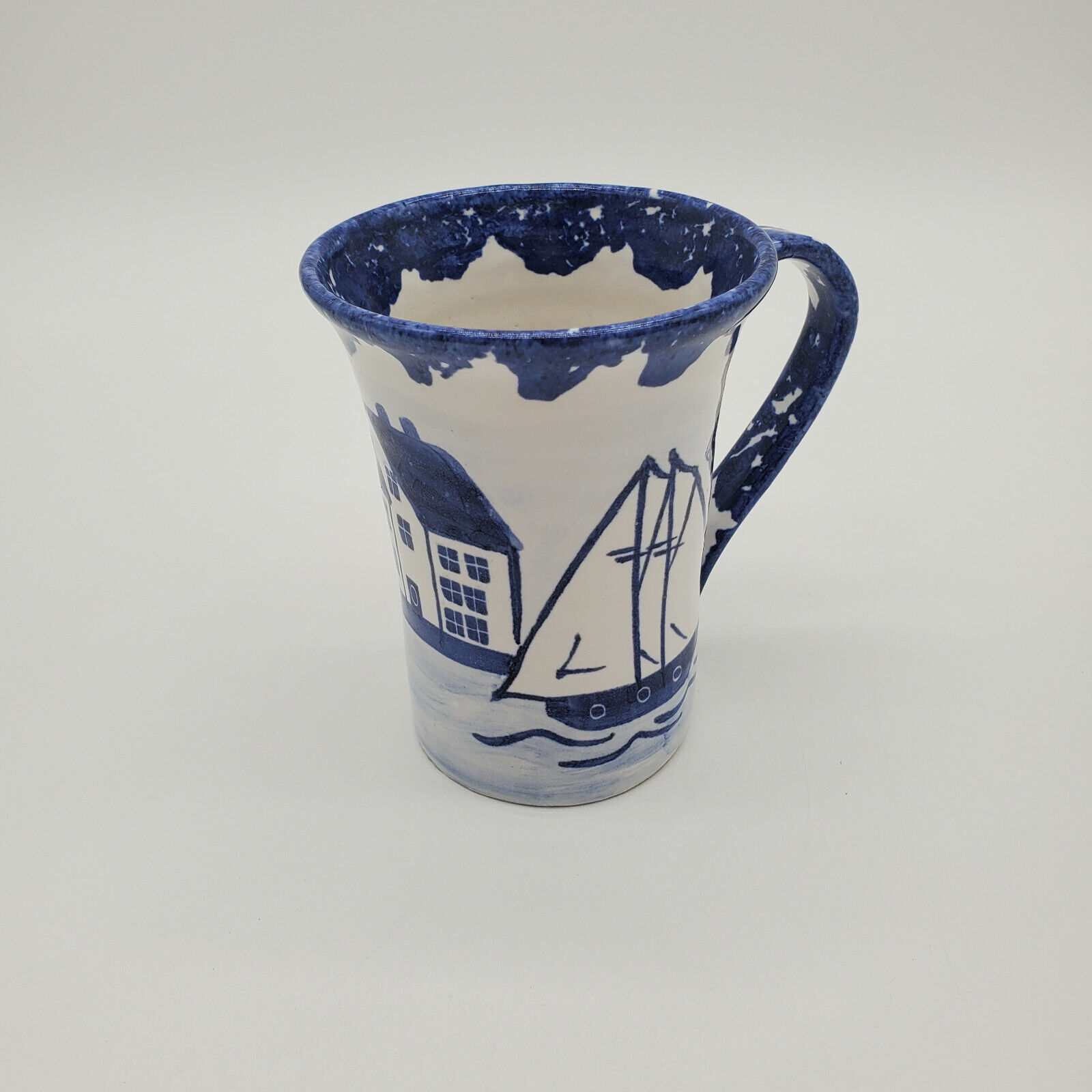 Vintage Shard Coffee Mug Sailboat Hand Painted Maine Pottery