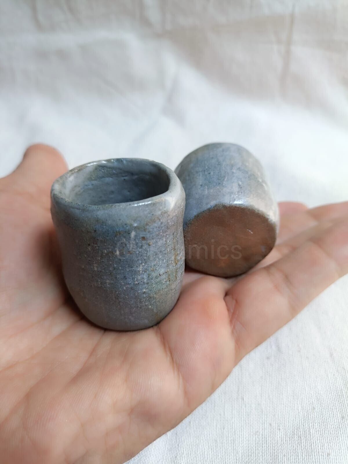 Set of 2 Small Rustic Blue Grey Ceramic Hand-build Cups Limited Edition