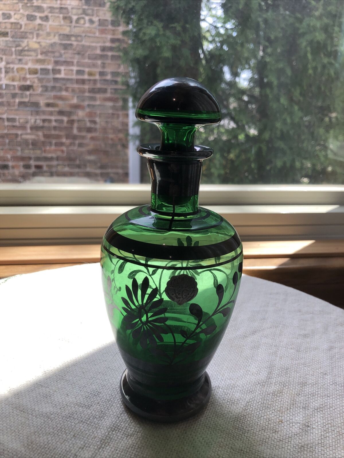 Antique Giant Art Nouveau Glass Perfume Bottle w/Silver Stamp  Emerald Green 