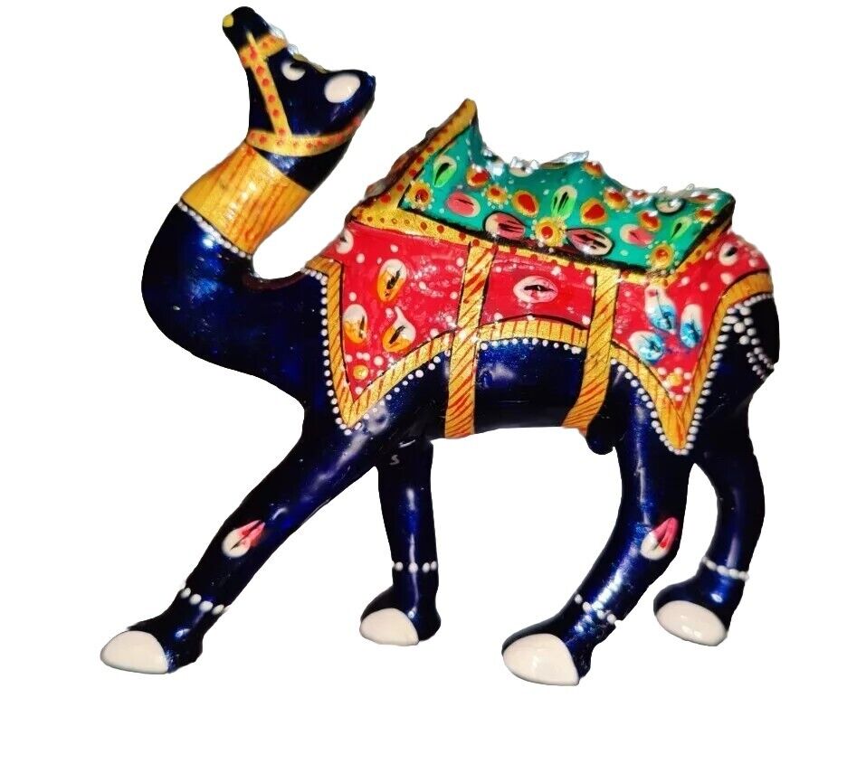 Camel Figure Figurine Statue Enamel On Metal Royal Blue Colorful Saddle Gear 