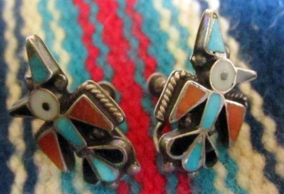 Rare Zuni attr.Frank Vacit Screwback Earrings Thunderbird Knifewing Mosaic Inlay