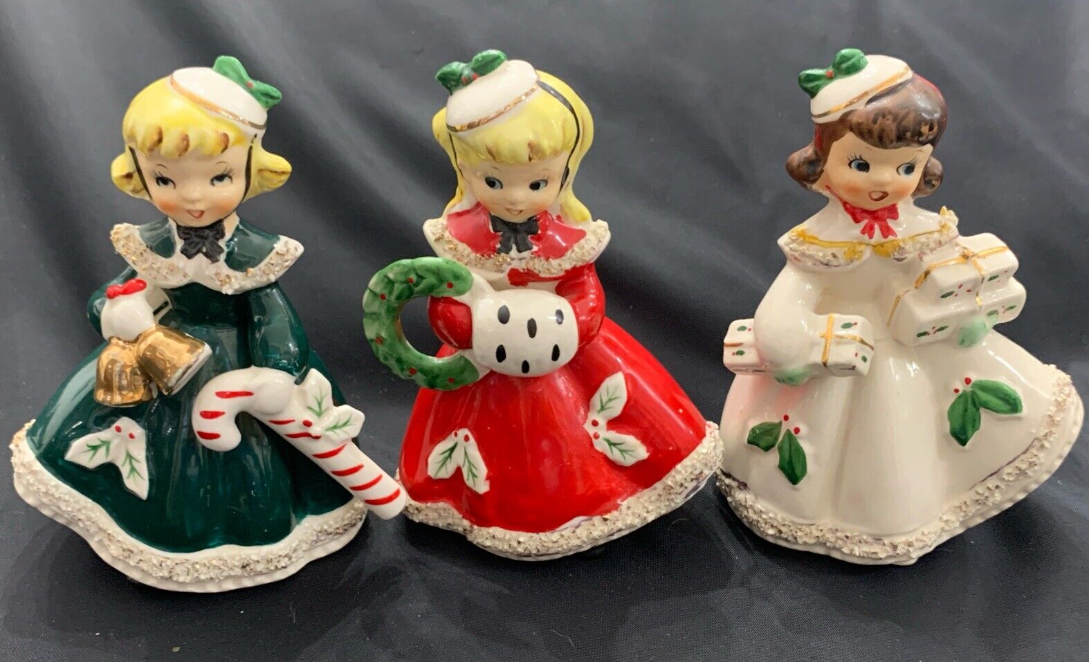 Lot 3 VTG  Relco Christmas Shopper Girl Figures Candy Cane Presents Wreath READ