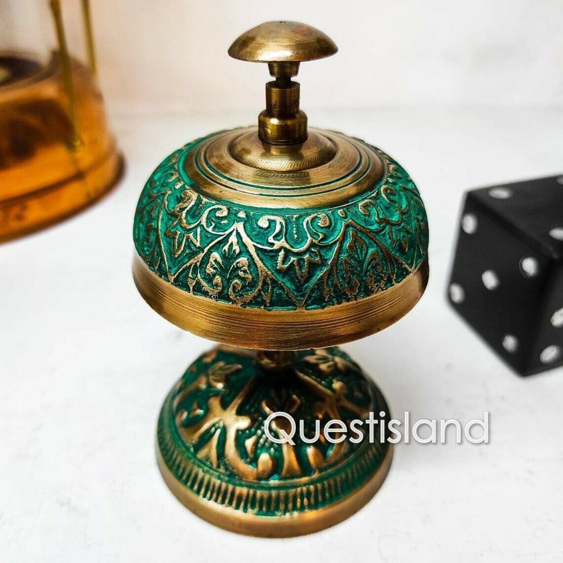 Antique Green Finish Brass Desk Bell Designer Collectible Gift TableTop Item