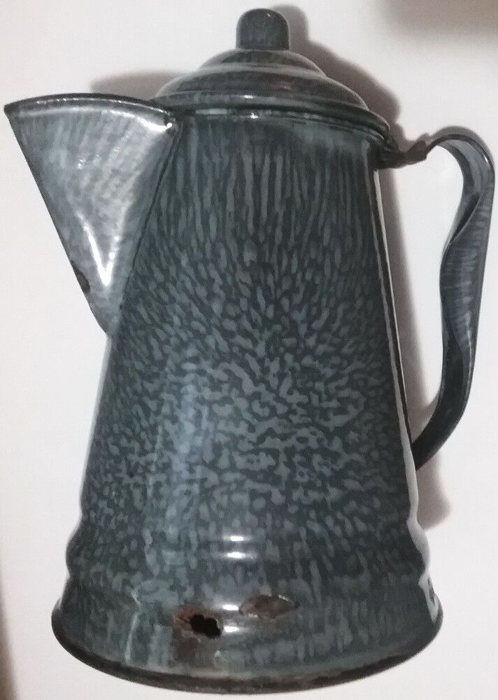 Antique Grey Enamelware or Graniteware Coffee Pot 8\