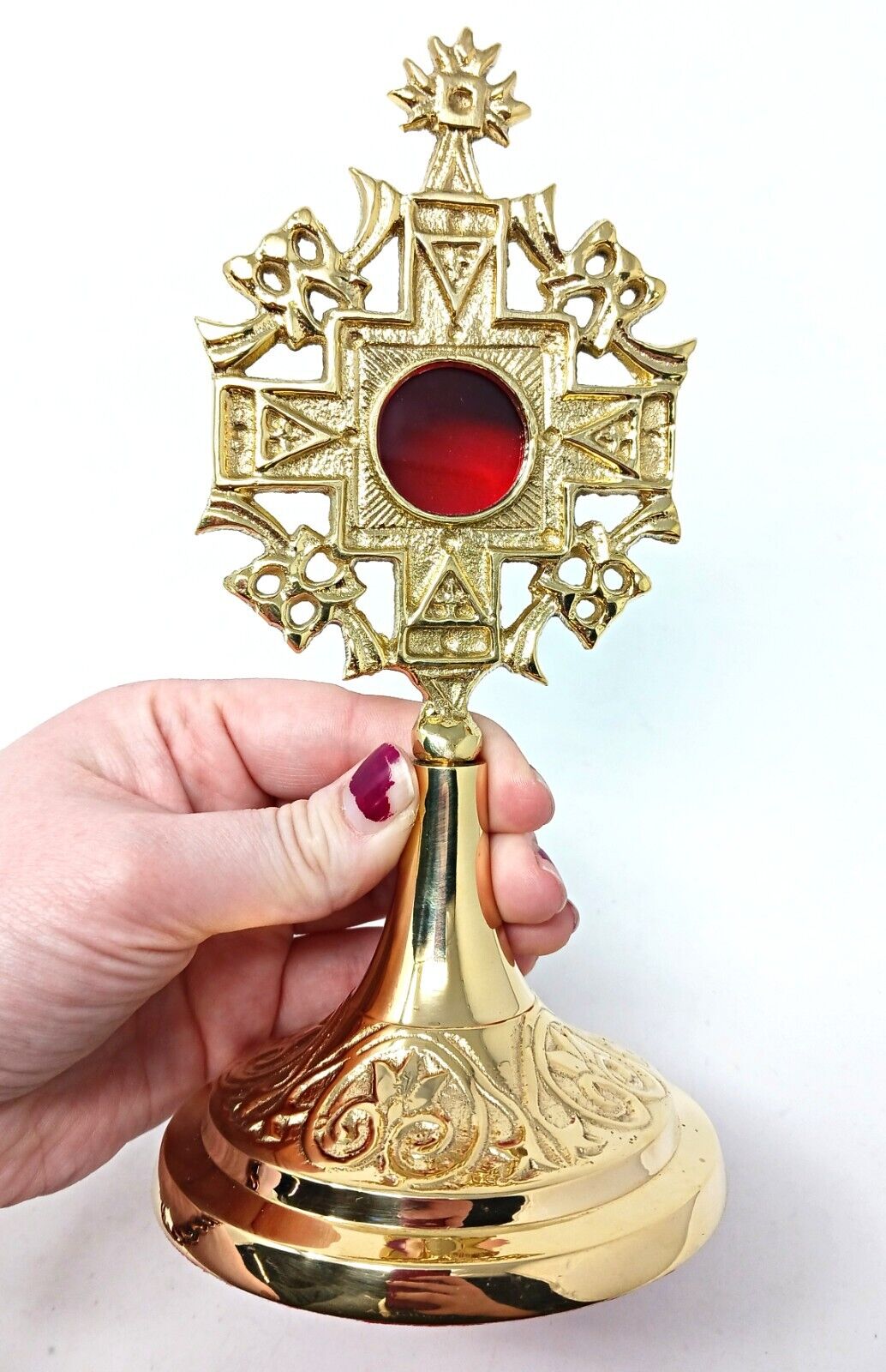 High Polished Brass Ornate Jerusalem Cross Reliquary for Church or Home 8 In
