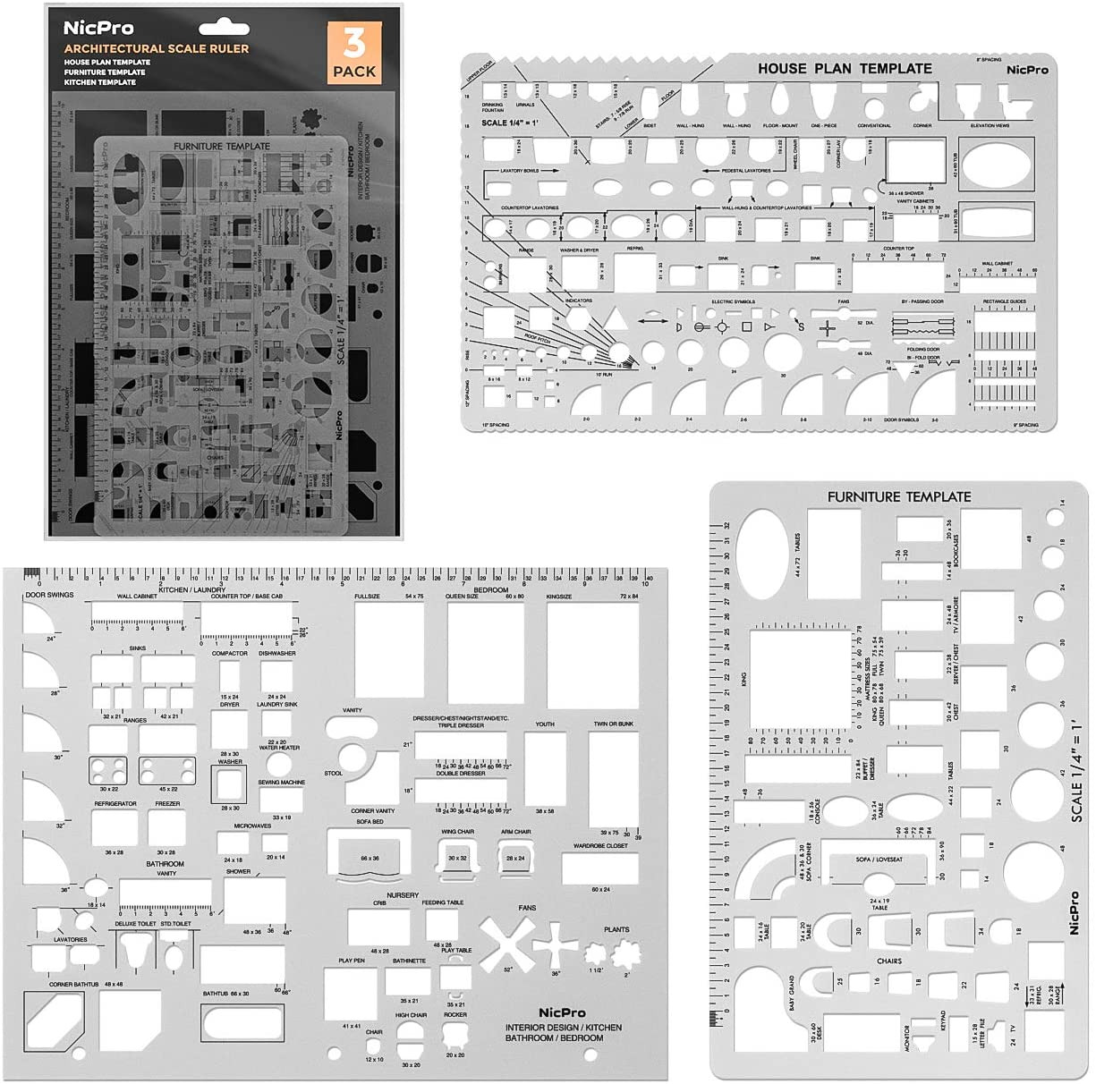 Architectural Drafting Tools, 3 PCS Templates for House Plan Furniture Kitchen, 