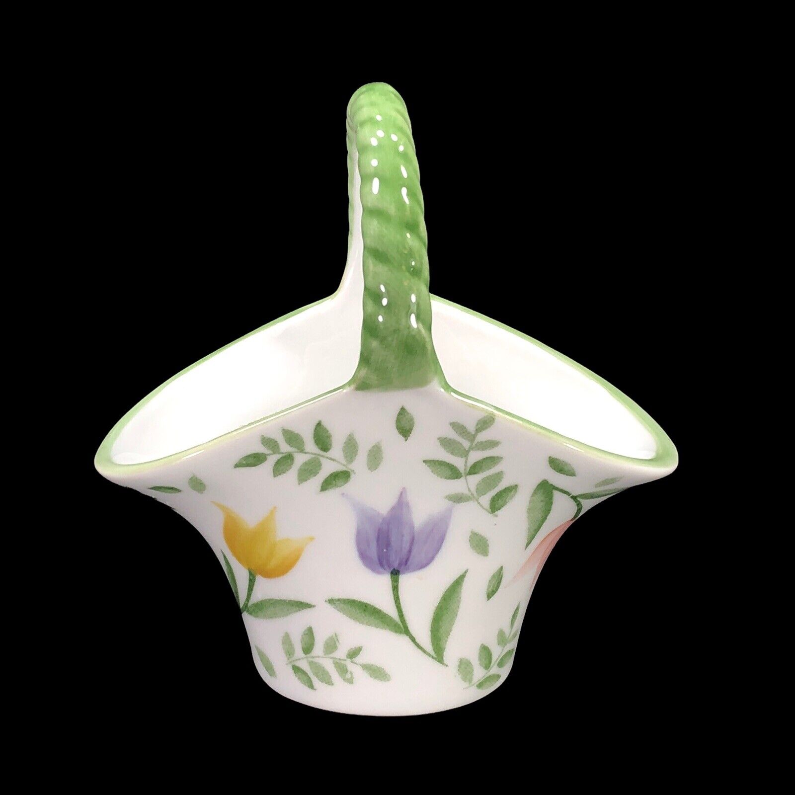 Vintage Andrea By Sadek Mini Ceramic Handled Basket Hand Painted Tulips 4 1/2 in