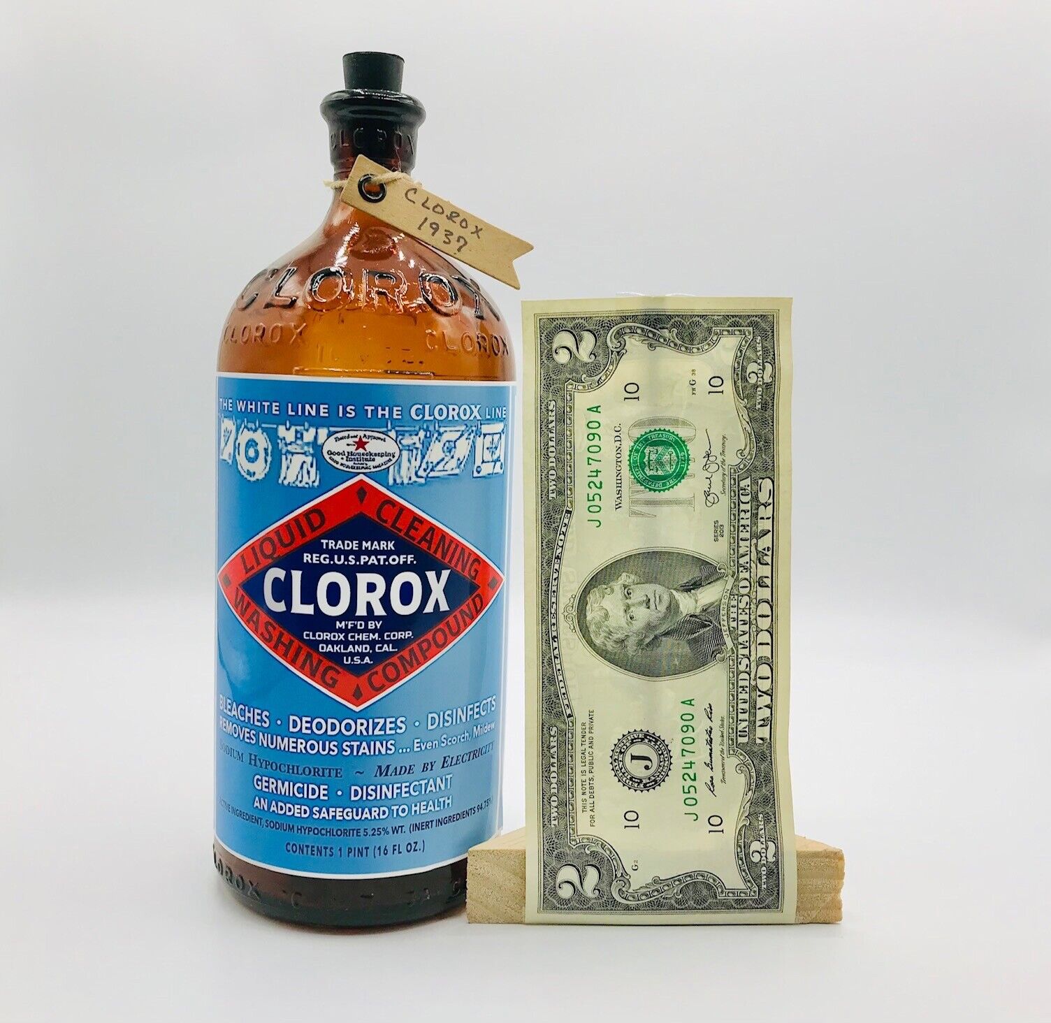 #629 Clorox Restored Vintage / Antique Bottle 1937 W/Rubber Stopper