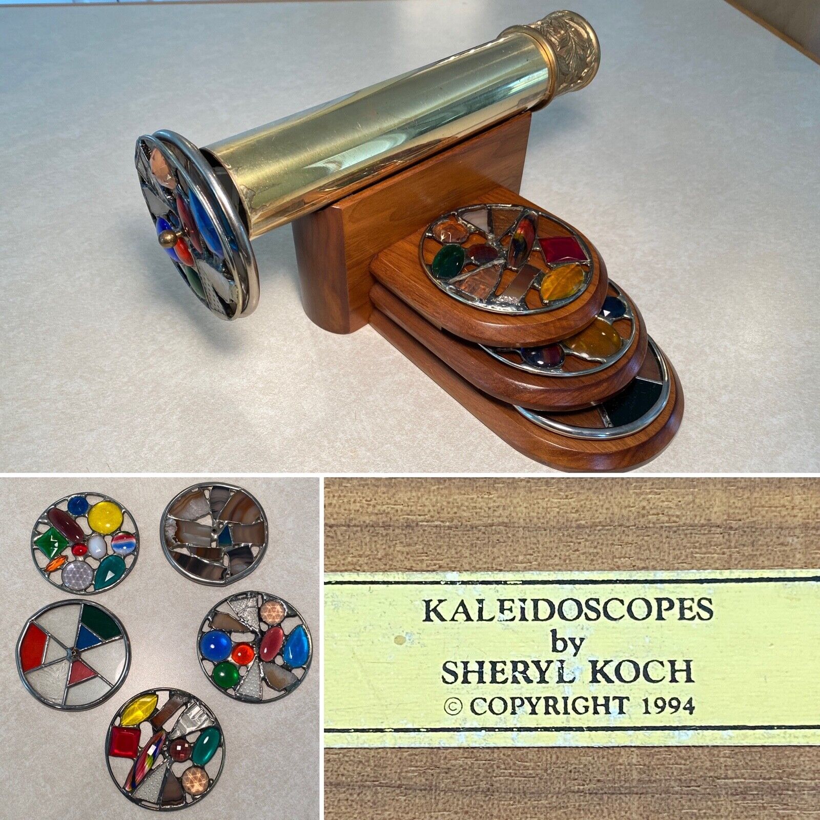 Vintage 1994 SHERYL KOCH Large 12-in. Brass Wood-Stand 5 Glass-Ring Kaleidoscope
