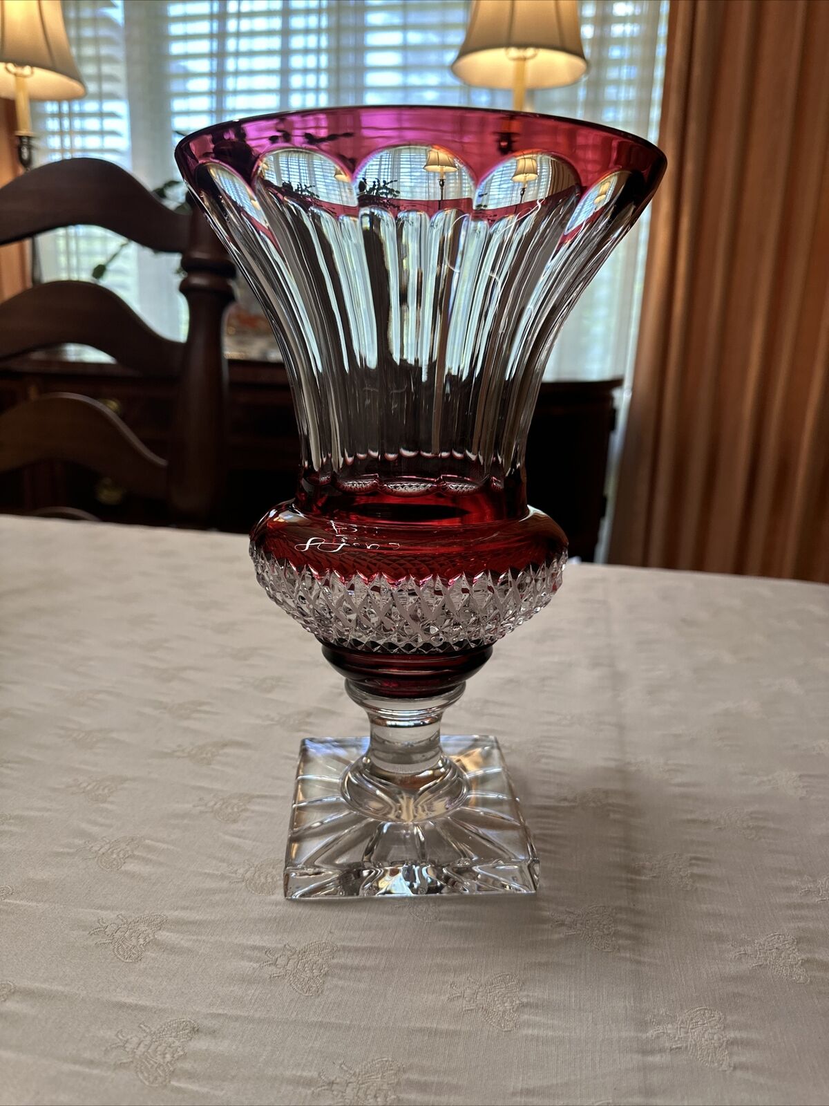 Faberge Cranberry/ Red Cut Clear Crystal Empire Footed Urn Vase 12\