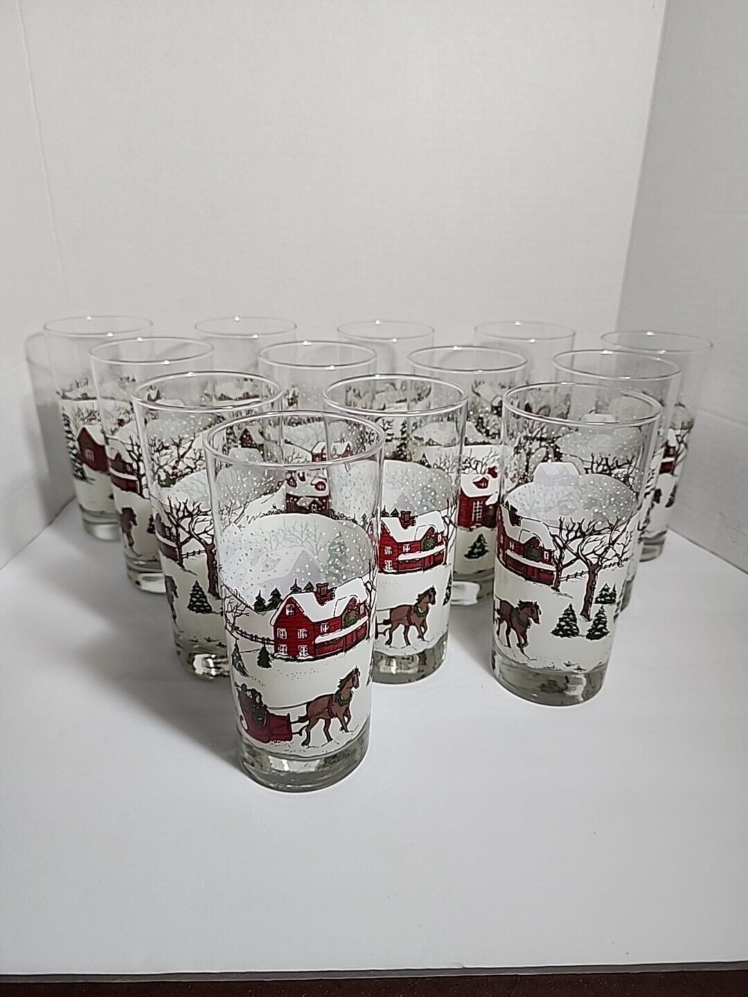 Vintage Libby Currier & Ives Collection Winter Scene Tumblers Glasses Set of 13