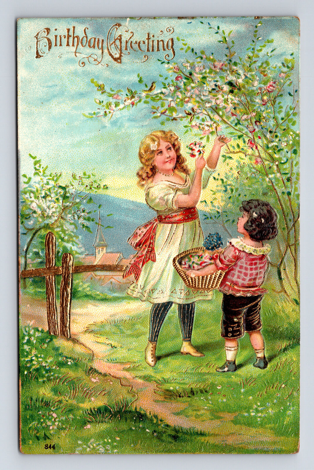 1910 Beautiful Spring Greeting Mother Daughter Picking Flowers Pastural Postcard