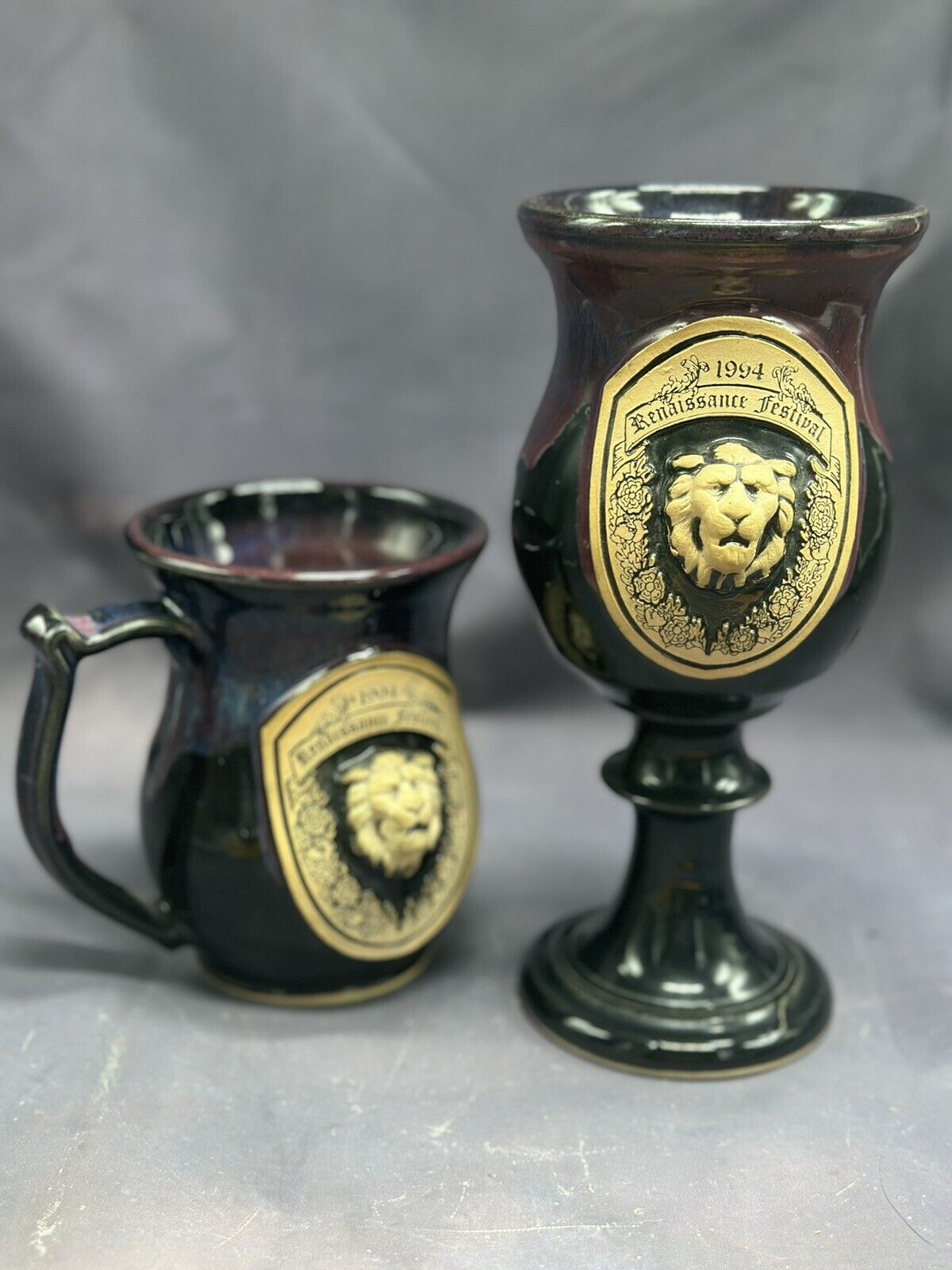 Vintage 1994 Renaissance Festival Mug Goblet Cup Stein Set Lion Head Embossed
