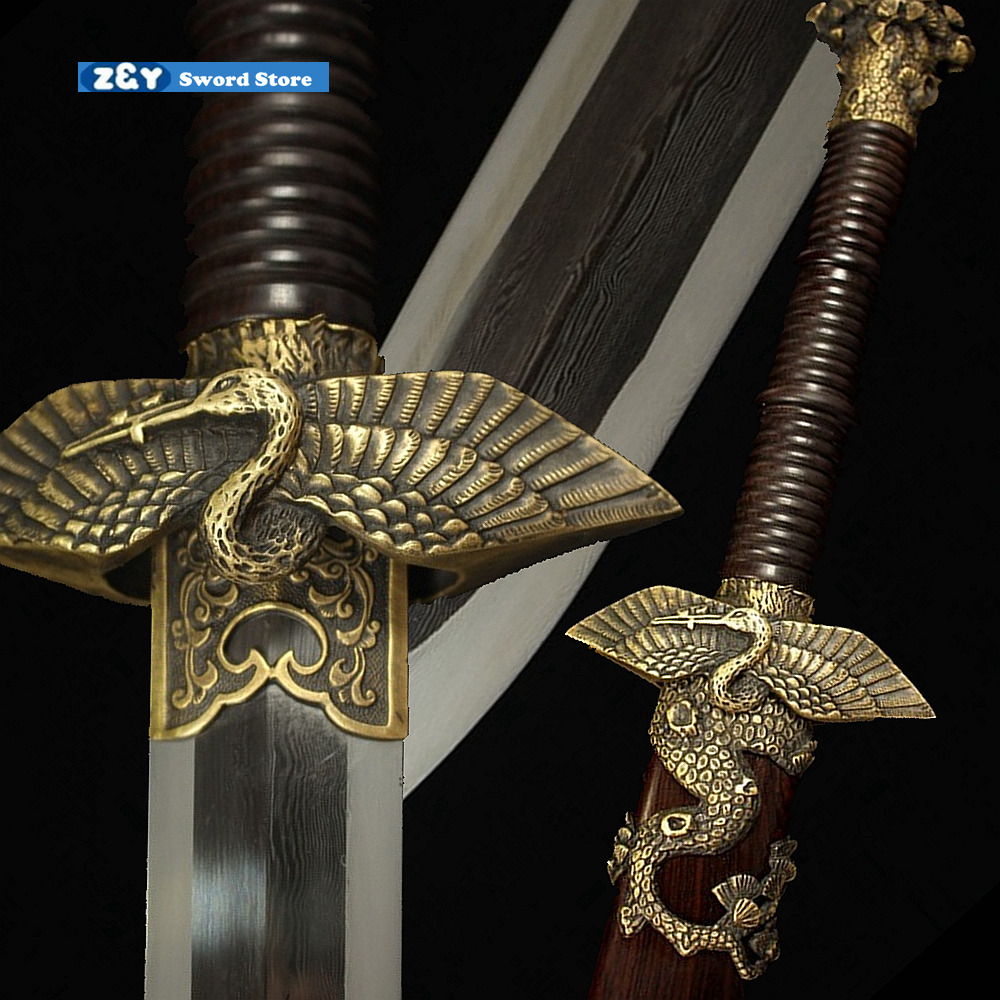 Handmade Chinese Qing Dynasty Pine Crane Jian Double Edge Straight Sharp Sword 