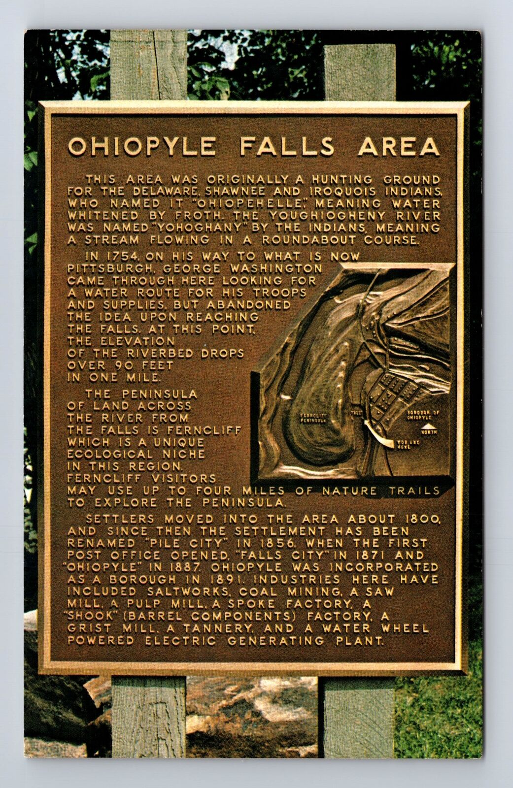 Ohiopyle State Park PA-Pennsylvania, Bronze Historical Plaque, Vintage Postcard