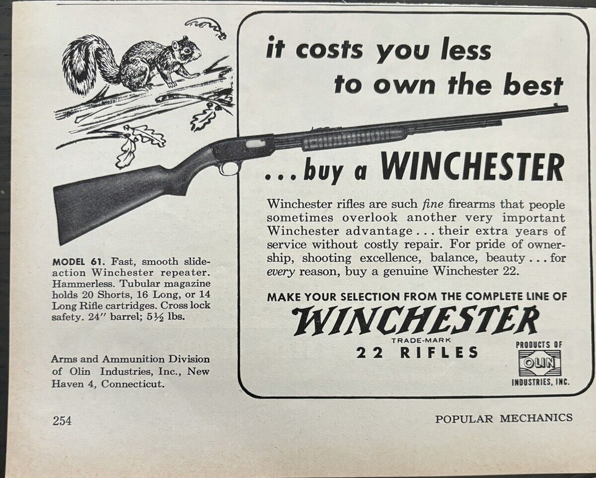 WINCHESTER .22 RIFLES MODEL 61 NEW HAVEN4, CONN. VINTAGE PRINT AD 1952.