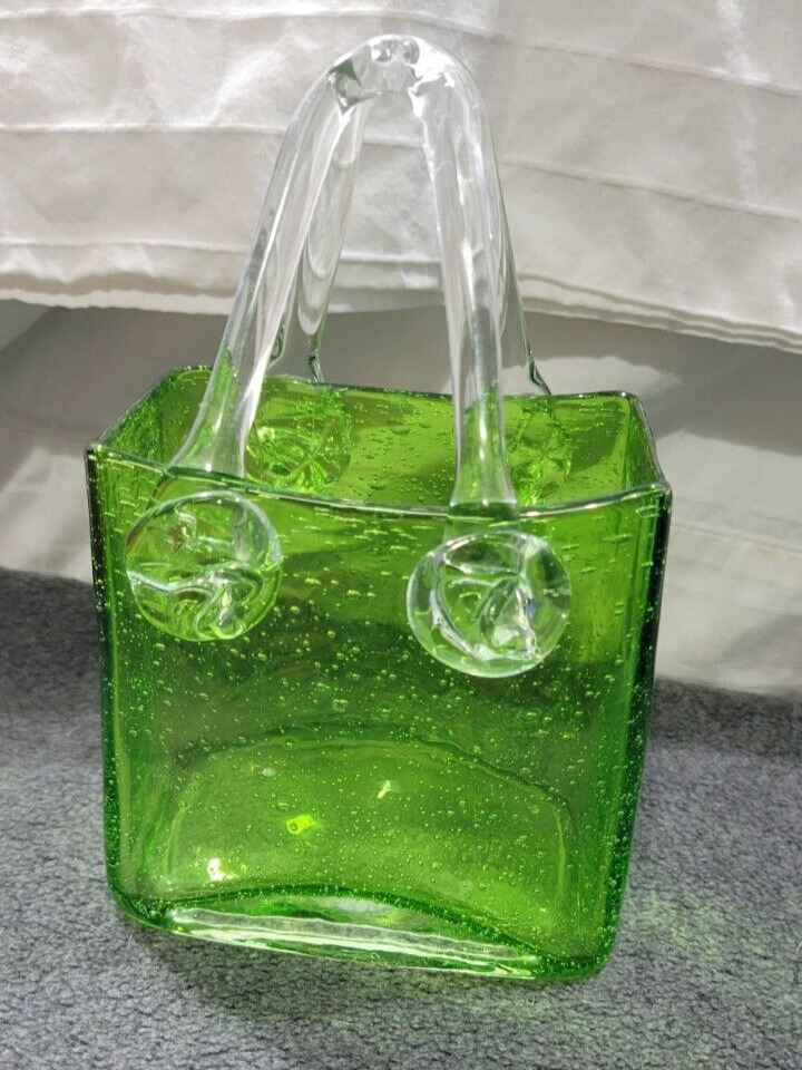 Vintage Murano Style Green Bubble Art Glass Purse Square Handled Art Glass Vase