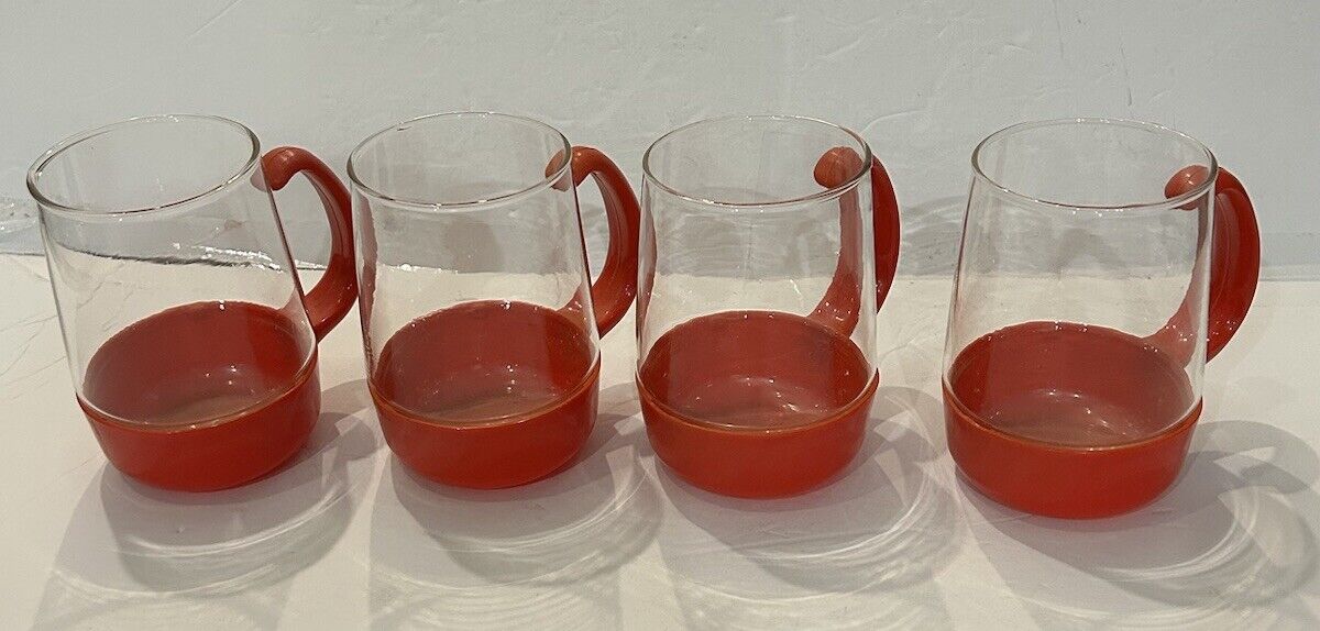 Vyg Pyrex Ware Drink Up Set of 4 Red Mug Cup Glass Plastic  Handle Holders