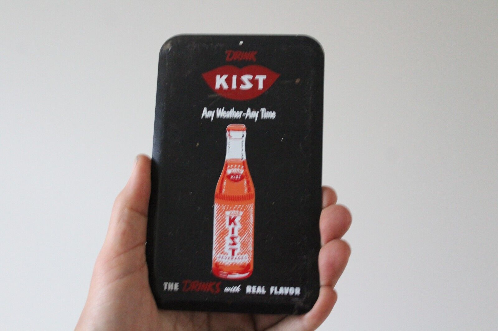 1950s DRINK ORANGE KIST ANYTIME STAMPED PAINTED METAL SIGN CRUSH SODA POP BOTTLE