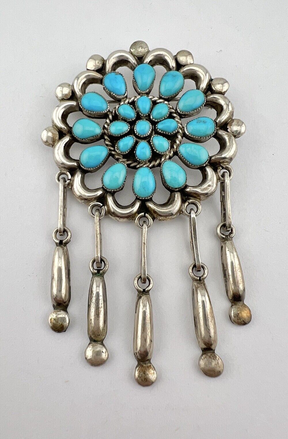 Zuni Patsy Weebothee Cluster Turquoise Sterling Silver Dreamcatcher Pin Pendant