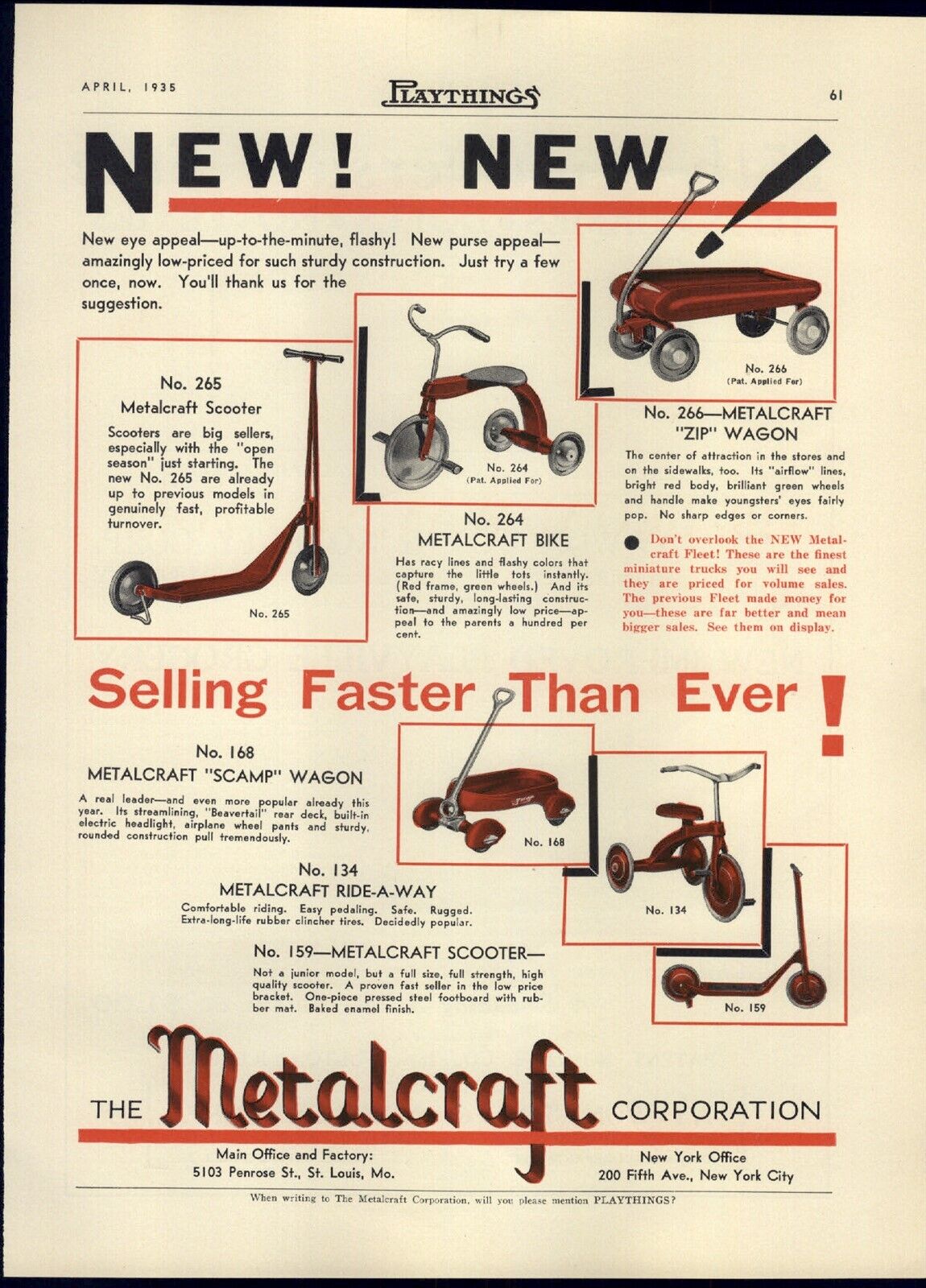 1935 PAPER AD Metalcraft Toy Scooter Tricycle Wagon AyWon Playville Grocery Set