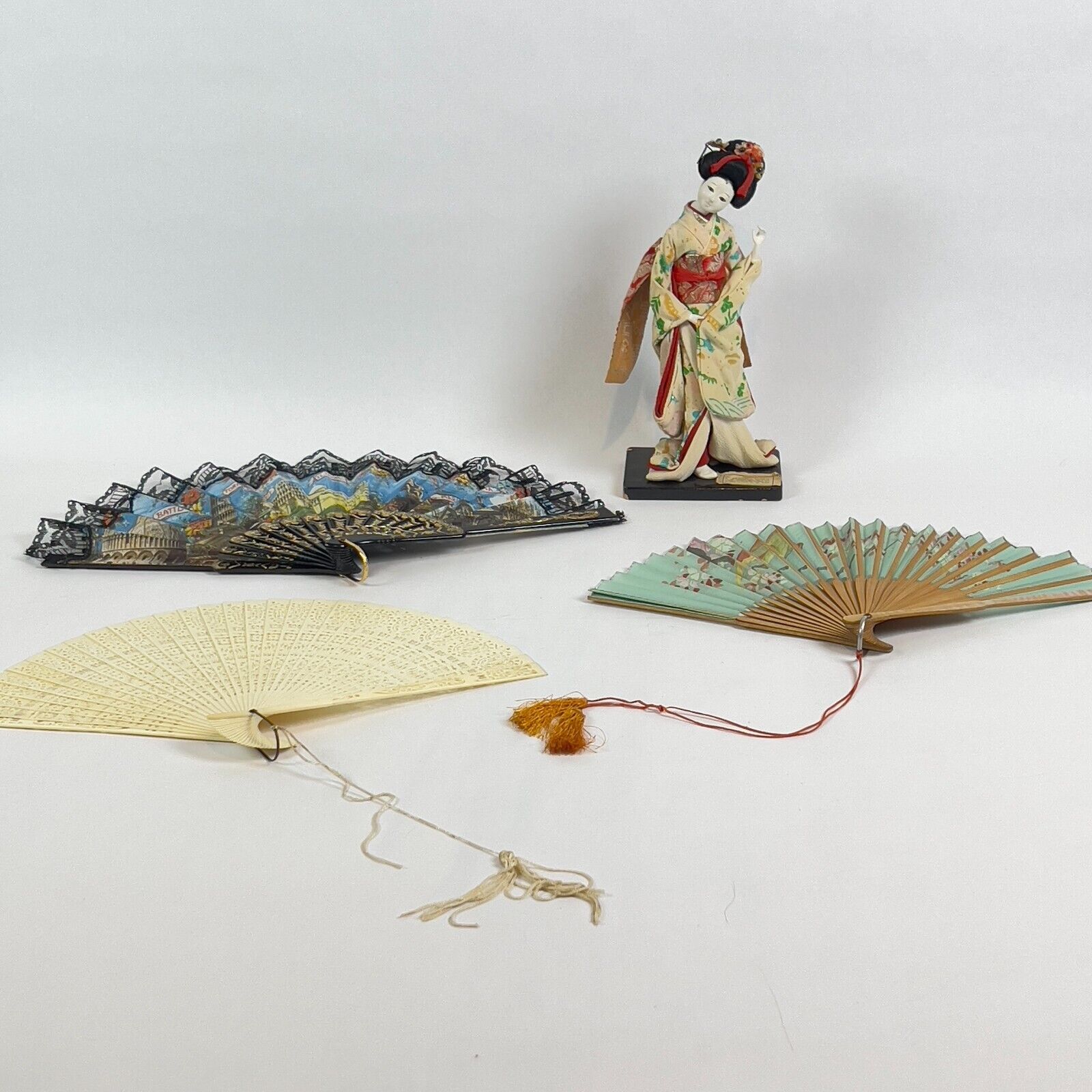 Japanese Kimono Clothed Beautiful Colorful Doll & 3 Beautiful Oriental Hand Fans