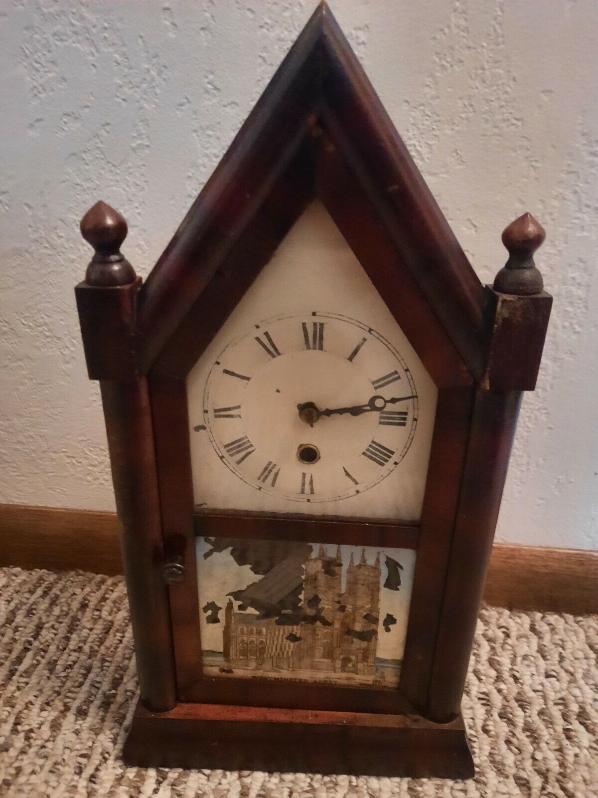 Vintage Antique Jerome & Company Gothic Miniature Steeple Clock Maple Mahogany