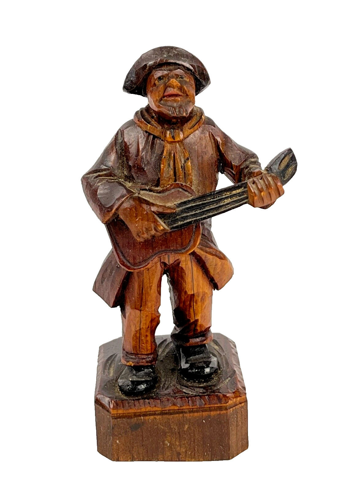 Antique 1939 Hand Carved Men Playing Instrument Wooden Figurine, Signed