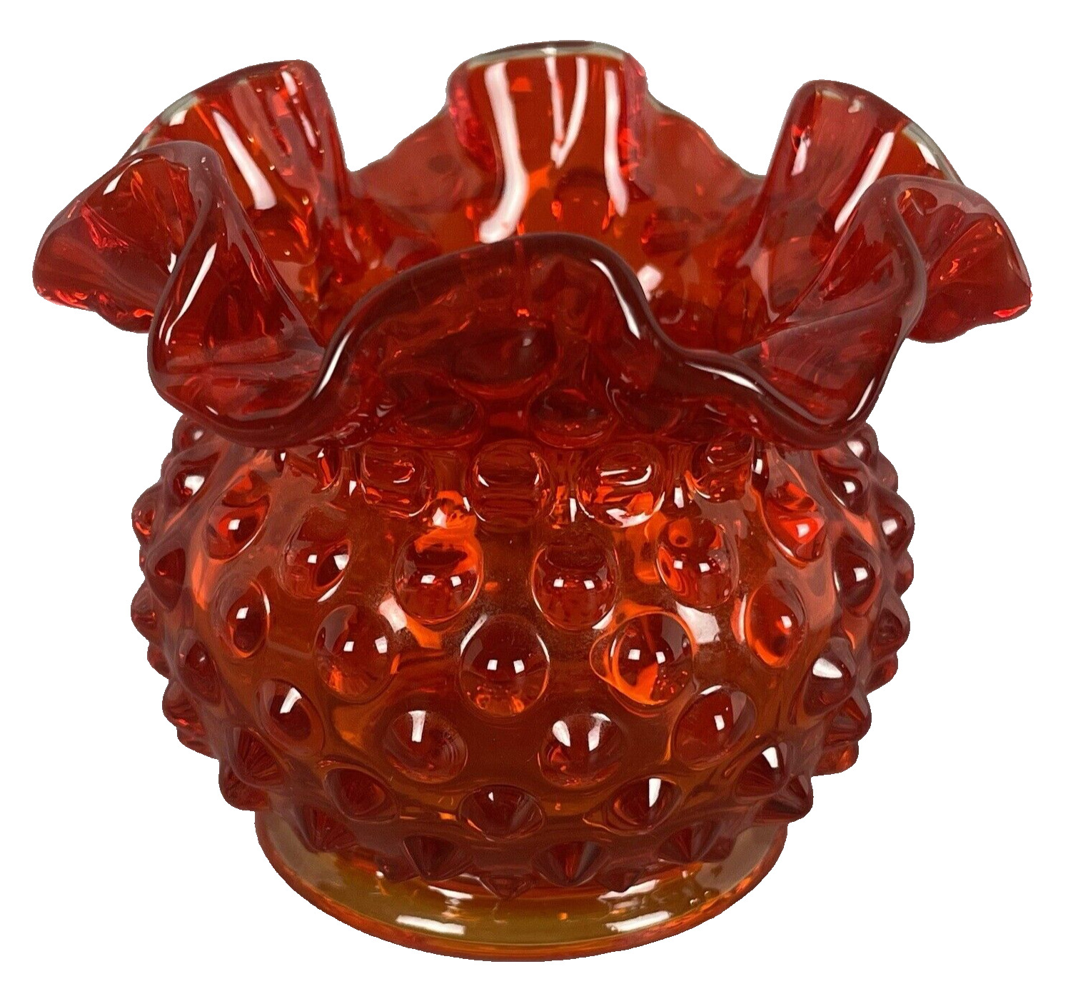 Vintage Fenton Art Glass Amberina Hobnail Ruffled Rim Mini Vase 3\
