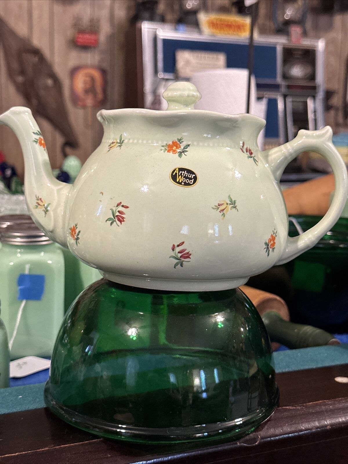 Vintage Arthur Wood Floral Teapot~Light Green~Marked England