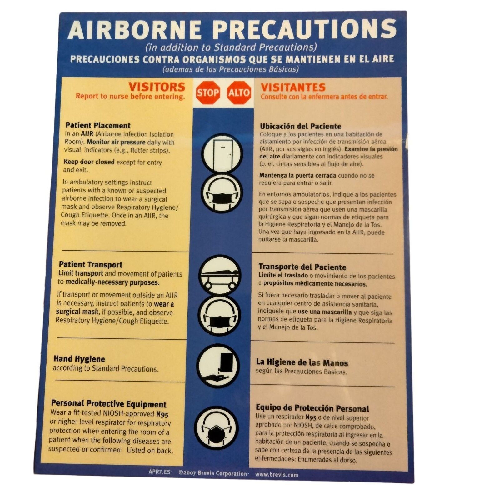 Airborne Precautions Laminated Sign English Spanish Tranmission Prevention